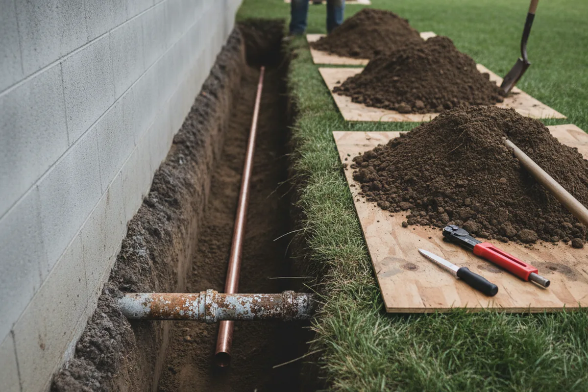 Excavated water line trench during Sewer Line Repair in Mule Creek